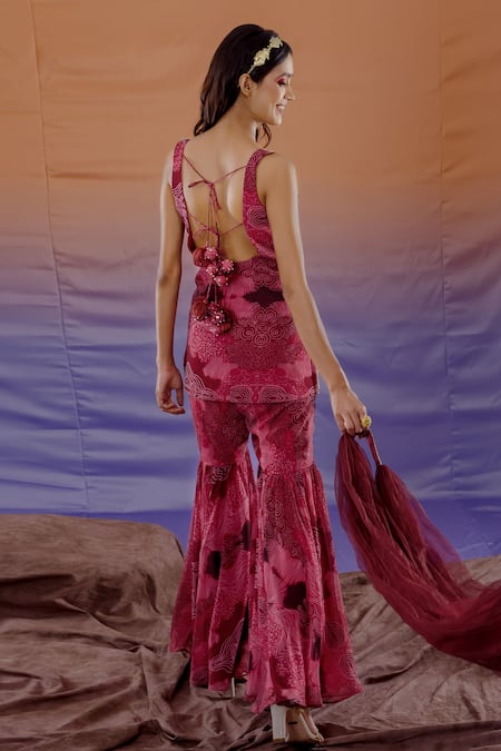 Shop_Payal & Zinal_Maroon Georgette Embroidered Cloud Square Neck Print Kurta Sharara Set _at_Aza_Fashions