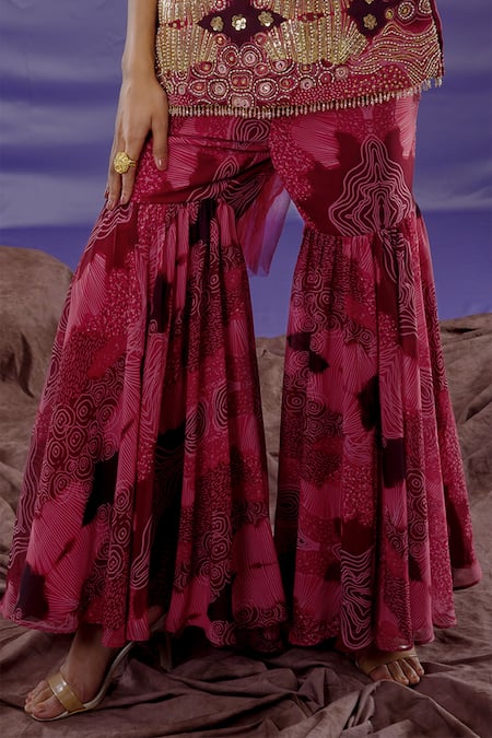 Shop_Payal & Zinal_Maroon Georgette Embroidered Cloud Square Neck Print Kurta Sharara Set _Online_at_Aza_Fashions