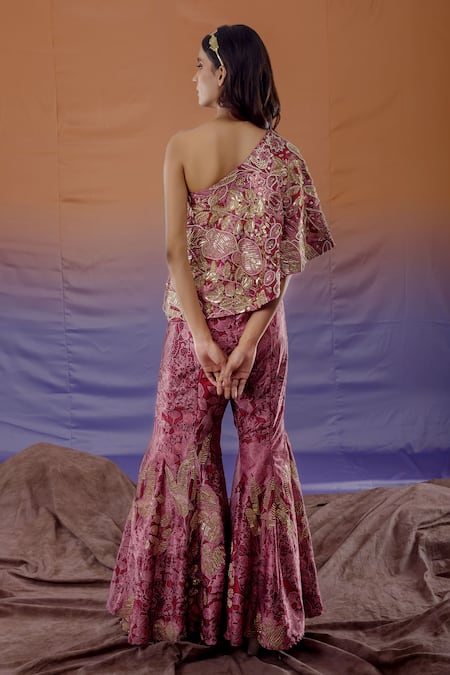 Shop_Payal & Zinal_Maroon Thick Satin Embroidered Jungle Asymmetric Top And Bell Bottom Pant Set _at_Aza_Fashions