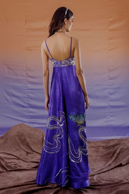 Shop_Payal & Zinal_Blue Gajji Silk Butterfly Square Neck Embroidered Jumpsuit _at_Aza_Fashions