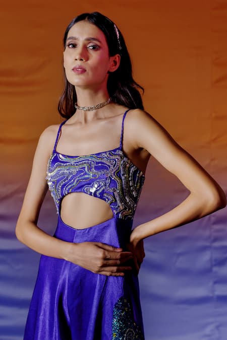 Payal & Zinal_Blue Gajji Silk Butterfly Square Neck Embroidered Jumpsuit _Online_at_Aza_Fashions