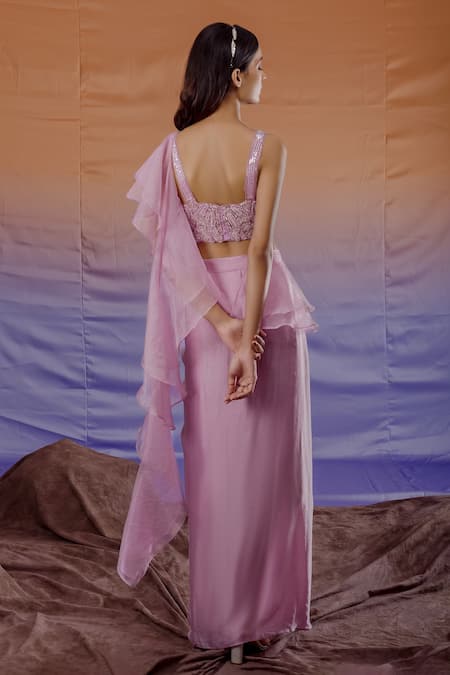 Shop_Payal & Zinal_Pink Organza, Bamberg Satin Floral V Neck Draped Skirt Set _at_Aza_Fashions
