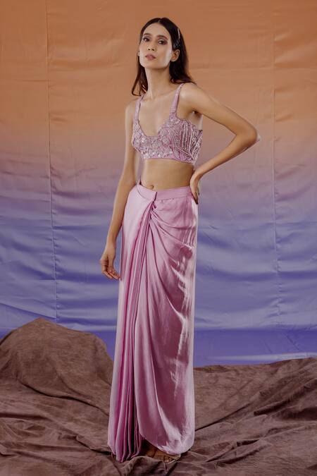Payal & Zinal_Pink Organza, Bamberg Satin Floral V Neck Draped Skirt Set _Online_at_Aza_Fashions
