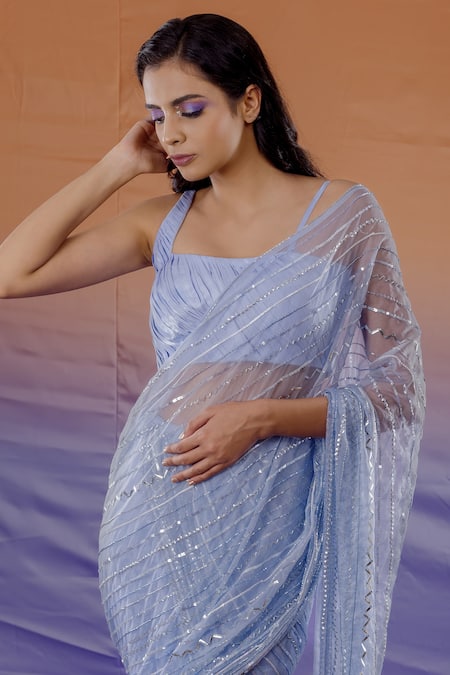 Payal & Zinal_Blue Organza, Satin Geometric Square Neck Pre-draped Saree Set _Online_at_Aza_Fashions
