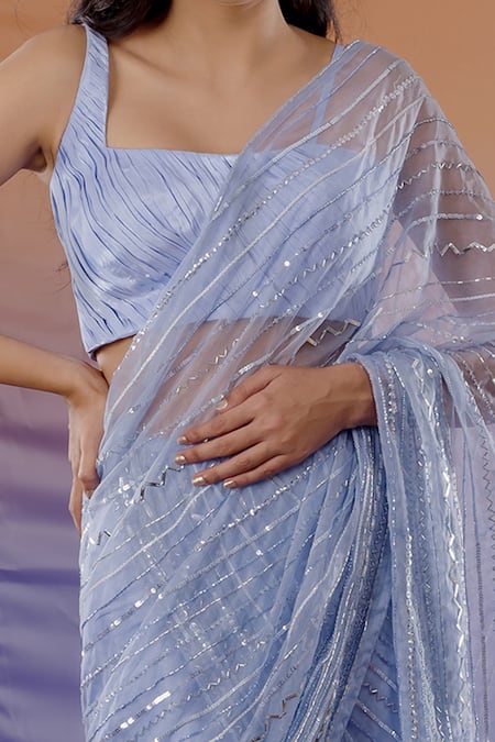 Buy_Payal & Zinal_Blue Organza, Satin Geometric Square Neck Pre-draped Saree Set _Online_at_Aza_Fashions