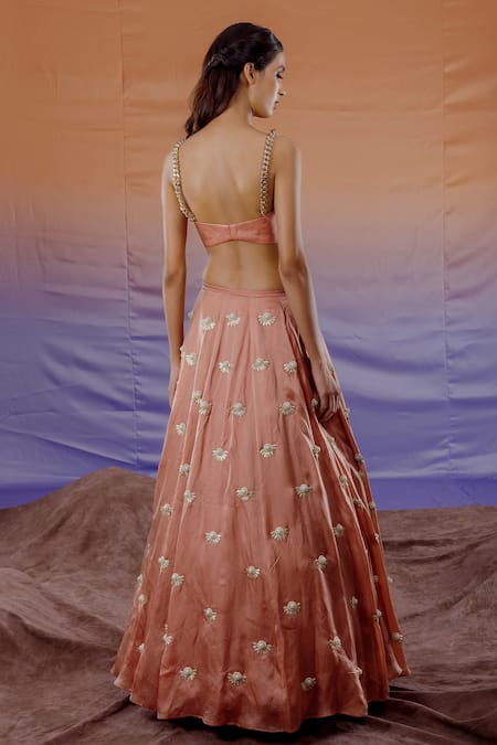 Shop Payal & Zinal Peach Organza, Bamberg Satin Floral High Neck Embroidered Lehenga Set at Aza Fashions Shop_Payal & Zinal_Peach Organza, Bamberg Satin Floral High Neck Embroidered Lehenga Set _at_Aza_Fashions