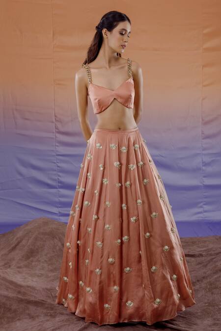 Payal & Zinal Peach Organza, Bamberg Satin Floral High Neck Embroidered Lehenga Set Online at Aza Fashions Payal & Zinal_Peach Organza, Bamberg Satin Floral High Neck Embroidered Lehenga Set _Online_at_Aza_Fashions