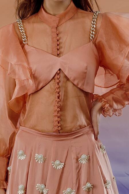 Buy Payal & Zinal Peach Organza, Bamberg Satin Floral High Neck Embroidered Lehenga Set Online at Aza Fashions Buy_Payal & Zinal_Peach Organza, Bamberg Satin Floral High Neck Embroidered Lehenga Set _Online_at_Aza_Fashions