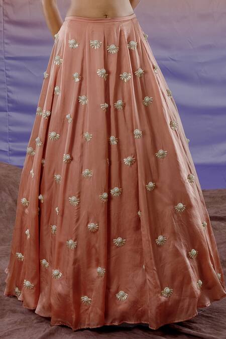 Shop Payal & Zinal Peach Organza, Bamberg Satin Floral High Neck Embroidered Lehenga Set Online at Aza Fashions Shop_Payal & Zinal_Peach Organza, Bamberg Satin Floral High Neck Embroidered Lehenga Set _Online_at_Aza_Fashions