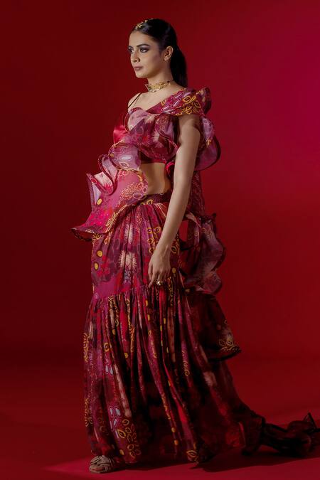 Payal & Zinal_Maroon Georgette, Gajji Silk Ocean V Neck Print Lehenga Saree Set _Online_at_Aza_Fashions