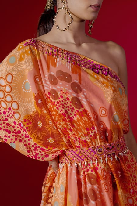 Payal & Zinal_Orange Georgette Ocean Asymmetric Print Skirt Set _Online_at_Aza_Fashions