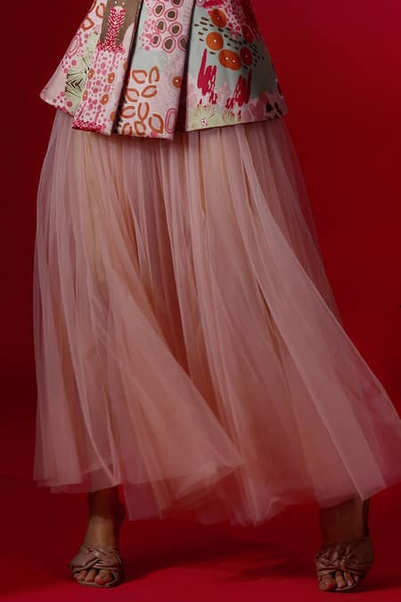 Buy_Payal & Zinal_Pink Net, Thick Satin Ocean Notched Lapel Print Blazer And Skirt Set _Online_at_Aza_Fashions