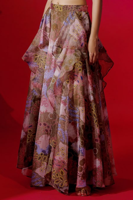 Shop_Payal & Zinal_Green Organza Ocean Straight Print Skirt Set _Online_at_Aza_Fashions