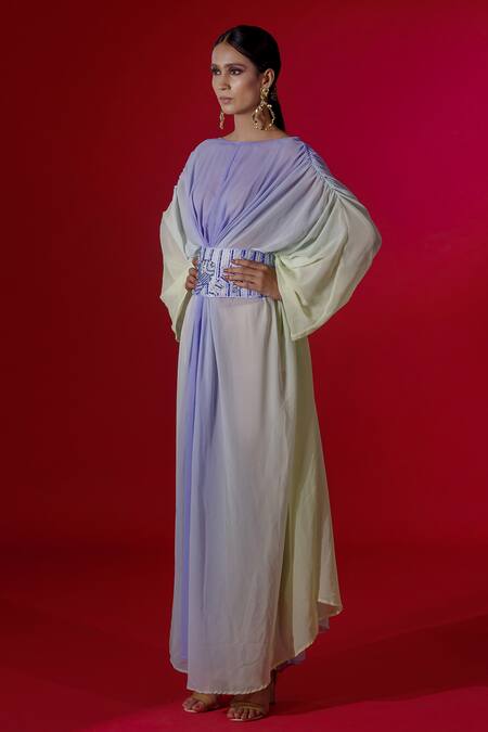 Payal & Zinal_Purple Georgette Straight Kaftan With Belt_Online_at_Aza_Fashions
