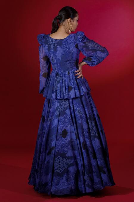 Shop_Payal & Zinal_Blue Georgette Ocean V Neck Cloud Print Skirt Set _at_Aza_Fashions