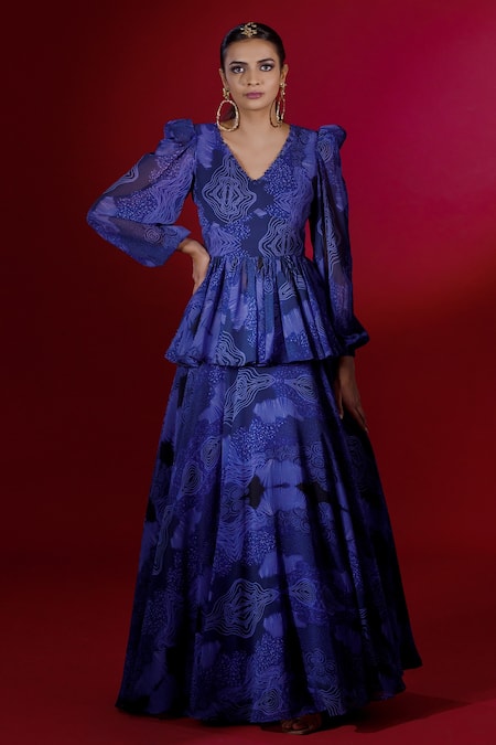 Payal & Zinal_Blue Georgette Ocean V Neck Cloud Print Skirt Set _Online_at_Aza_Fashions