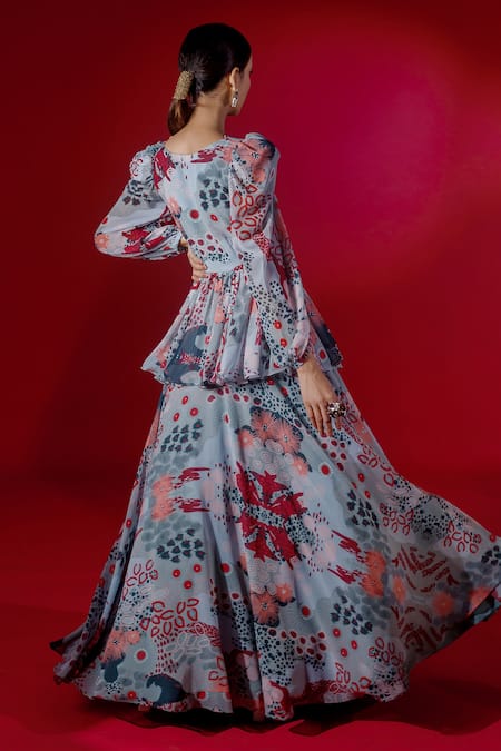 Shop_Payal & Zinal_Blue Georgette Ocean V Neck Cloud Print Skirt Set _at_Aza_Fashions