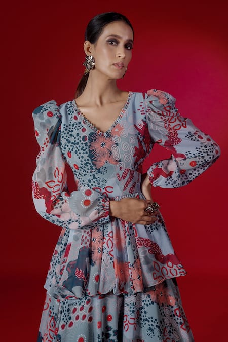 Payal & Zinal_Blue Georgette Ocean V Neck Cloud Print Skirt Set _Online_at_Aza_Fashions