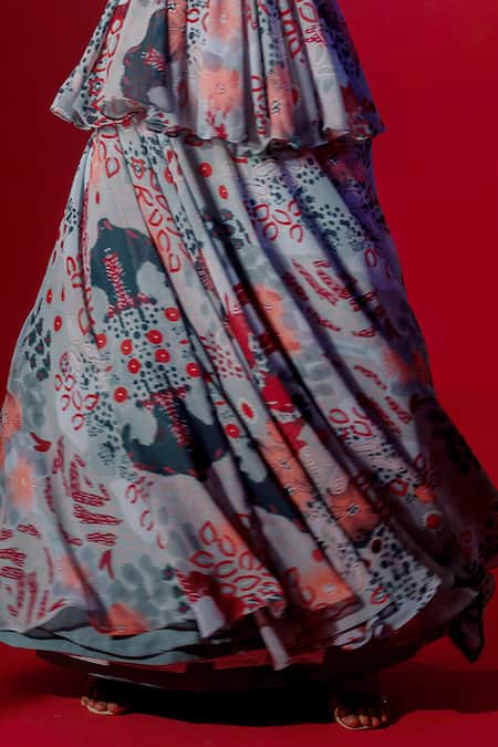 Buy Payal & Zinal Blue Georgette Ocean V Neck Cloud Print Skirt Set Online at Aza Fashions Buy_Payal & Zinal_Blue Georgette Ocean V Neck Cloud Print Skirt Set _Online_at_Aza_Fashions