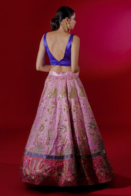 Shop_Payal & Zinal_Pink Gajji Silk, Thick Satin Abstract, Jungle V Neck Embroidered Lehenga Set _at_Aza_Fashions