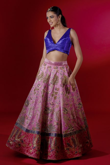 Payal & Zinal_Pink Gajji Silk, Thick Satin Abstract, Jungle V Neck Embroidered Lehenga Set _Online_at_Aza_Fashions