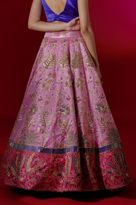 Shop_Payal & Zinal_Pink Gajji Silk, Thick Satin Abstract, Jungle V Neck Embroidered Lehenga Set _Online_at_Aza_Fashions