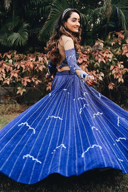 Shop_Payal & Zinal_Blue Net, Gajji Silk Cloud, Rain Sweetheart Neck Off Shoulder Lehenga Set _at_Aza_Fashions