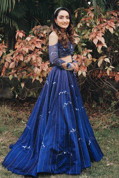 Payal & Zinal_Blue Net, Gajji Silk Cloud, Rain Sweetheart Neck Off Shoulder Lehenga Set _Online_at_Aza_Fashions