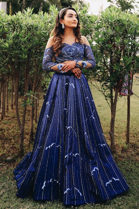 Buy_Payal & Zinal_Blue Net, Gajji Silk Cloud, Rain Sweetheart Neck Off Shoulder Lehenga Set _Online_at_Aza_Fashions