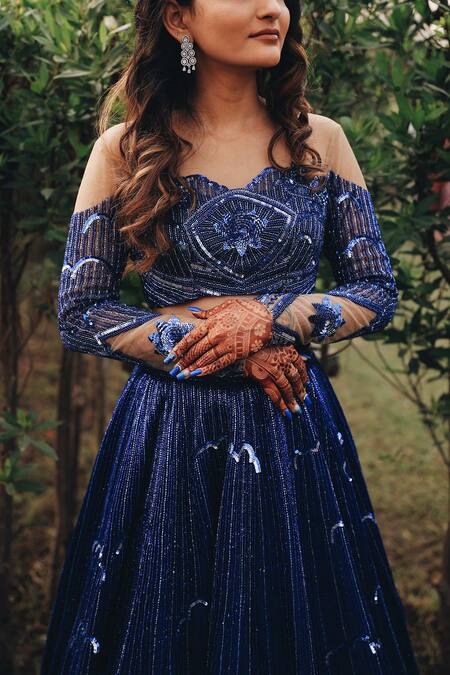 Shop_Payal & Zinal_Blue Net, Gajji Silk Cloud, Rain Sweetheart Neck Off Shoulder Lehenga Set _Online_at_Aza_Fashions