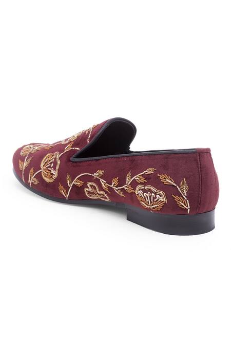Shop_Domani_Maroon Embroidered Velvet Loafers_Online_at_Aza_Fashions