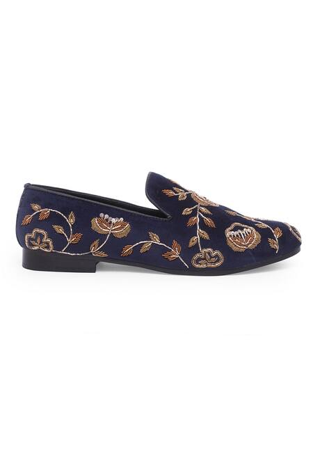 Domani_Blue Embroidered Floral Loafers _Online_at_Aza_Fashions