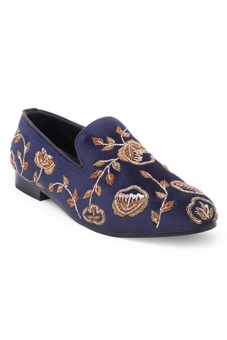 Buy_Domani_Blue Embroidered Floral Loafers _Online_at_Aza_Fashions