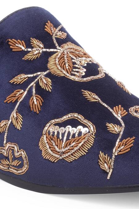 Domani_Blue Embroidered Floral Loafers _at_Aza_Fashions