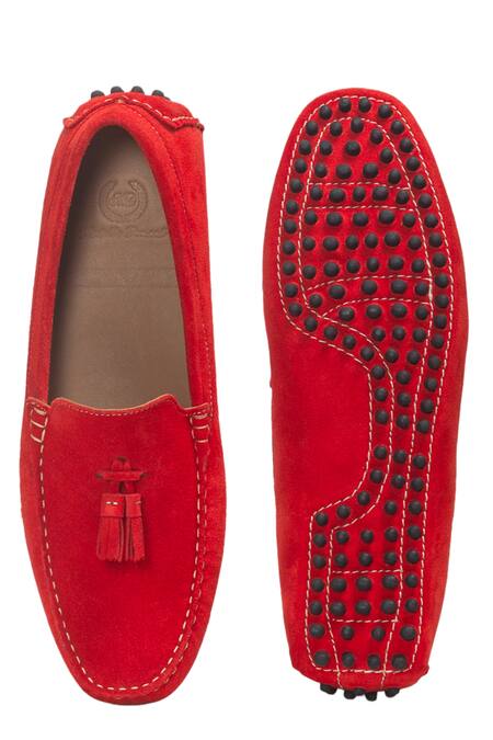 Shop Domani Red Tassel Suede Loafers at Aza Fashions Shop_Domani_Red Tassel Suede Loafers _at_Aza_Fashions