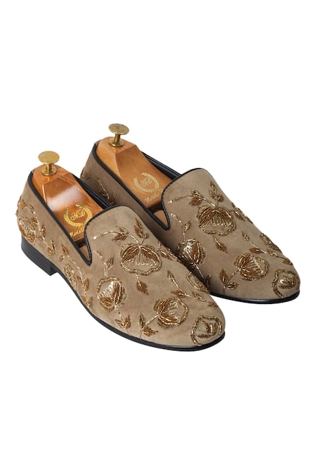 Domani Beige Velvet Handcrafted Embroidered Shoes 