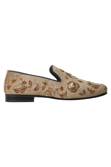 Buy Domani Beige Velvet Handcrafted Embroidered Shoes Online at Aza Fashions Buy_Domani_Beige Velvet Handcrafted Embroidered Shoes _Online_at_Aza_Fashions