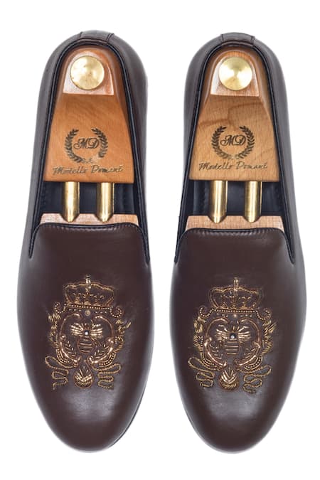 Domani_Brown Embroidered Leather Loafers _Online_at_Aza_Fashions
