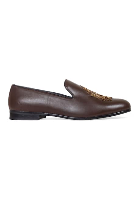 Buy_Domani_Brown Embroidered Leather Loafers _Online_at_Aza_Fashions