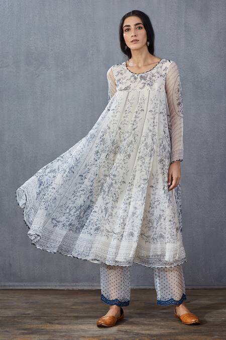 Torani White Silk Organza Printed Anarkali