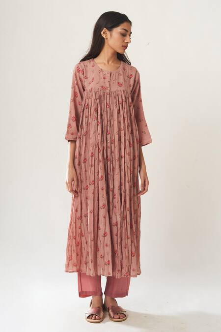 Dot_Pink Cotton Round Printed Anarkali And Pant Set _Online_at_Aza_Fashions