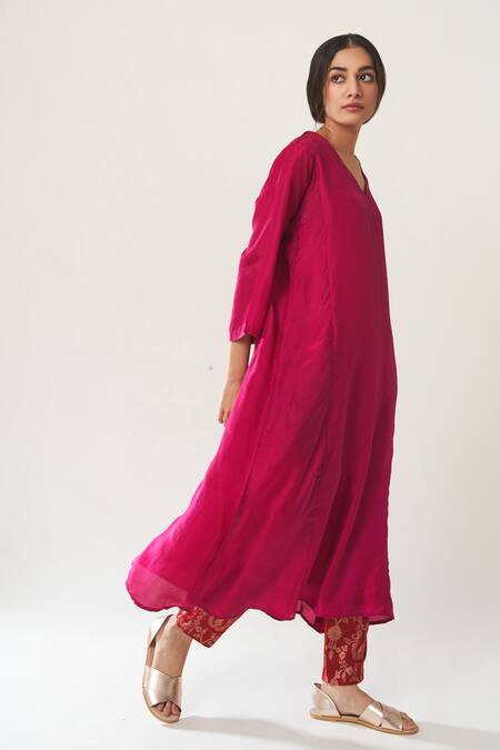 Dot_Pink Habutai Silk Kurta Set _Online_at_Aza_Fashions