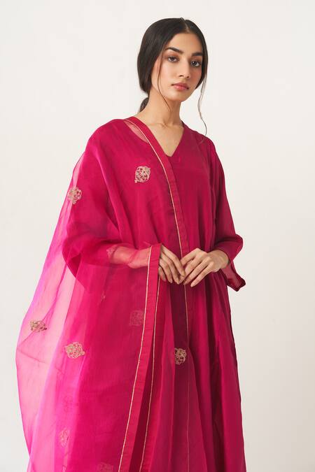 Shop_Dot_Pink Habutai Silk Kurta Set _Online_at_Aza_Fashions