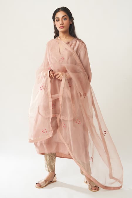 Buy_Dot_Pink Habutai Silk Kurta Set _Online_at_Aza_Fashions