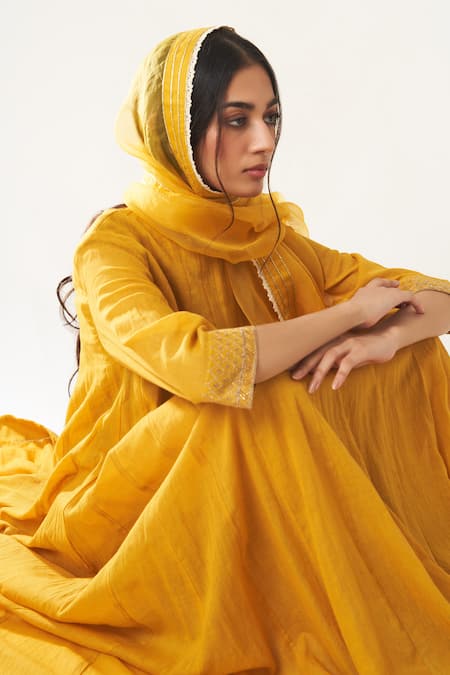 Dot_Yellow Kurta And Pant Cotton Dupatta Organza Round Embroidered Anarkali Set _Online_at_Aza_Fashions