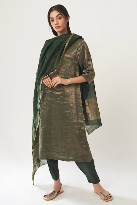 Dot Green Tissue Round Kurta Set With Chanderi Dupatta 