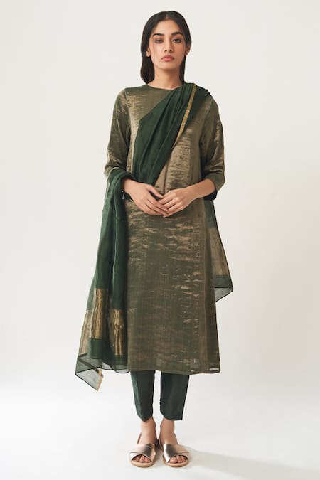 Dot Green Tissue, Chanderi, Cotton Silk Round Kurta Set With Dupatta Online at Aza Fashions Dot_Green Tissue, Chanderi, Cotton Silk Round Kurta Set With Dupatta _Online_at_Aza_Fashions