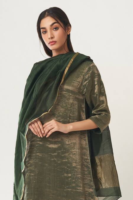 Shop Dot Green Tissue, Chanderi, Cotton Silk Round Kurta Set With Dupatta Online at Aza Fashions Shop_Dot_Green Tissue, Chanderi, Cotton Silk Round Kurta Set With Dupatta _Online_at_Aza_Fashions