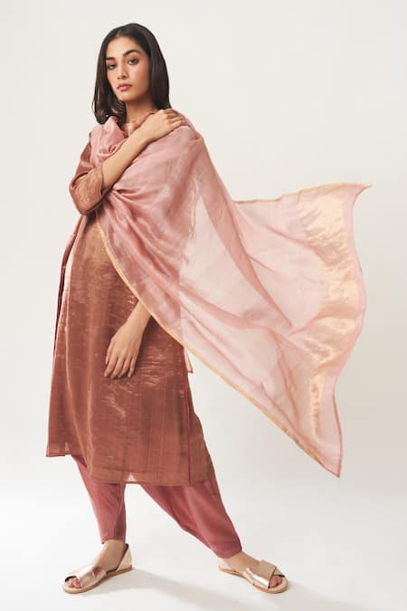 Dot Pink Tissue Round Kurta Set With Chanderi Dupatta 