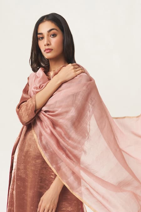 Shop_Dot_Pink Tissue, Chanderi, Cotton Silk Round Kurta Set With Dupatta _Online_at_Aza_Fashions